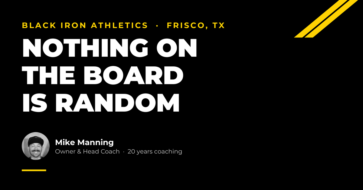 Black Iron Athletics, Frisco TX. Headline: Nothing on the board is random.