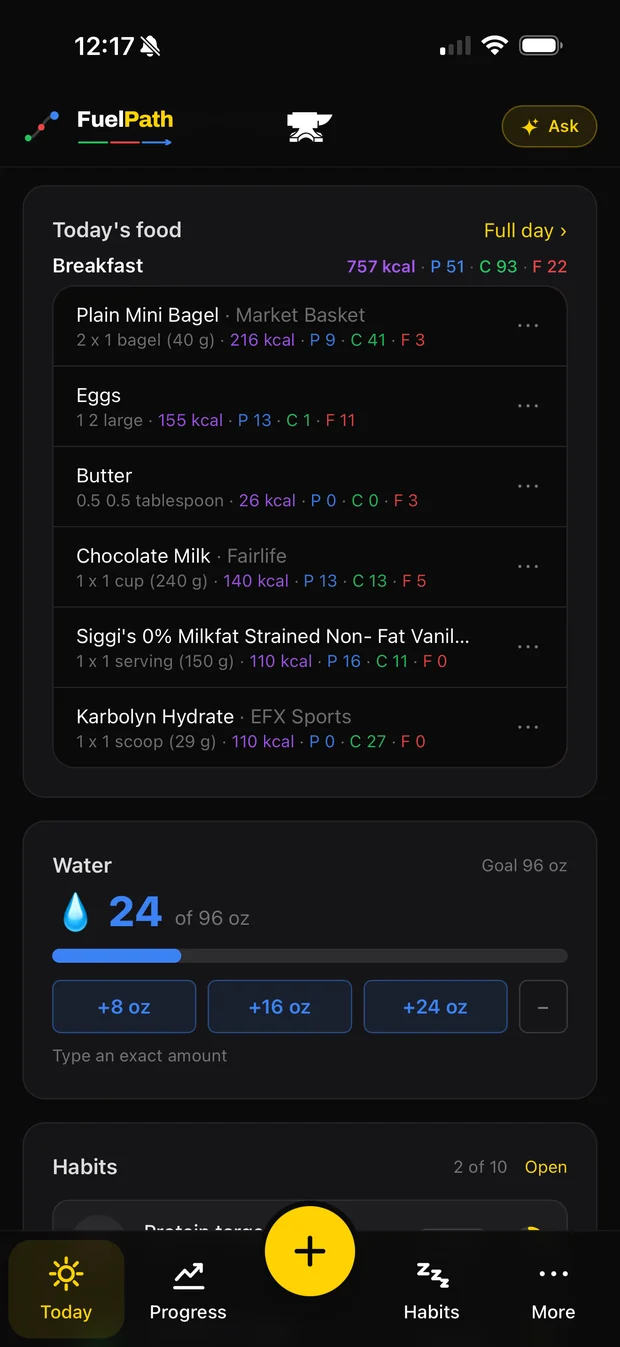The FuelPath food log showing a logged breakfast with per-item macros, and the water tracker