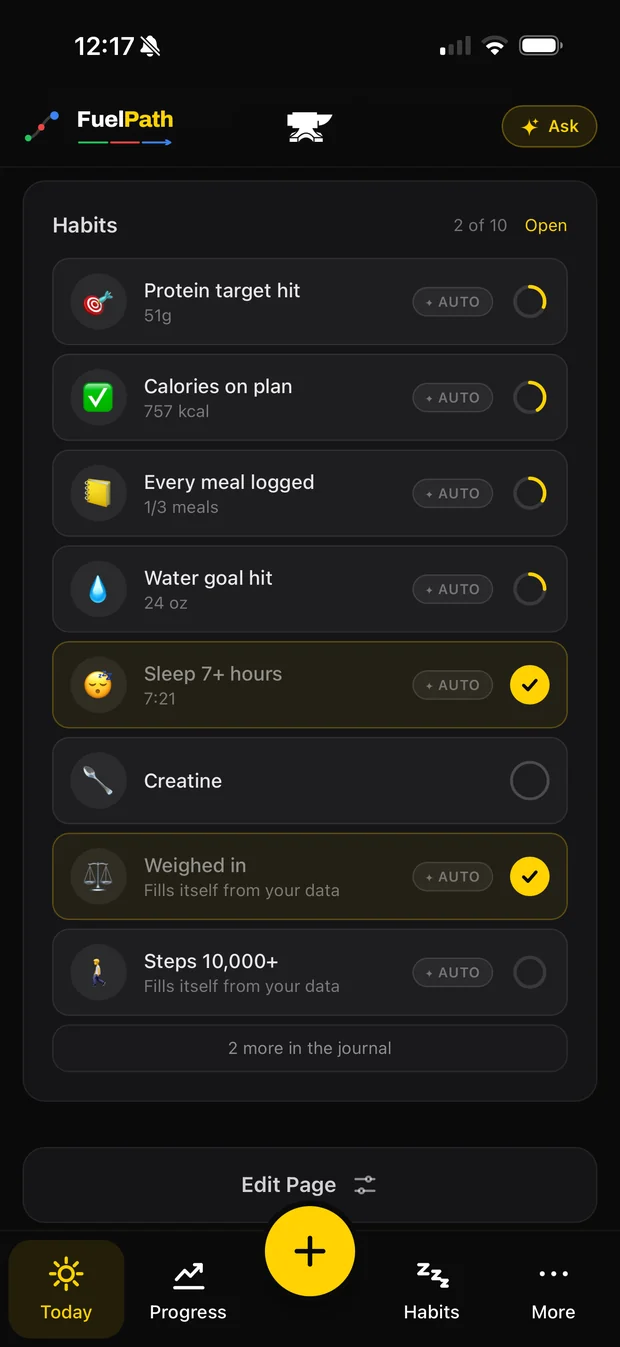 The FuelPath habits view, with entries that fill themselves in automatically from logged data