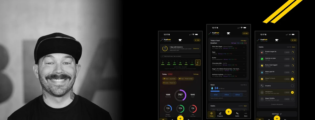 Mike Manning, owner of Black Iron Athletics, beside three screens of the FuelPath app in Black Iron colors